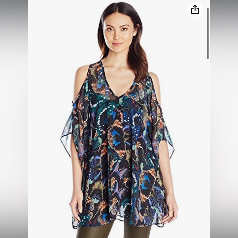 Show Me Your Mumu Women's Beautyfly Printed Peta-Boo Cold Shoulder Tunic Top XS
